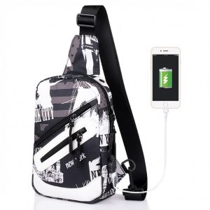 Anti-diefstal Schoudertas met USB aansluiting ZWART/WIT